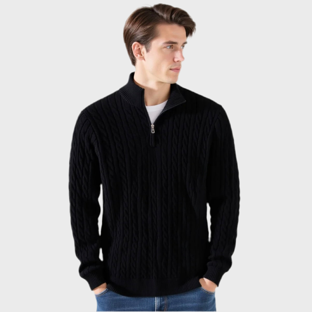 MERINO WOOL KNITTED QUARTER-ZIP SWEATER - MOONRAKER