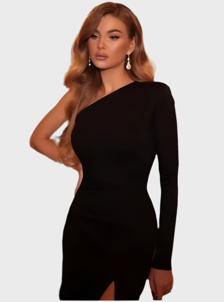 GLAMOUR EDGE ONE-SHOULDER SHEATH DRESS - MOONRAKER