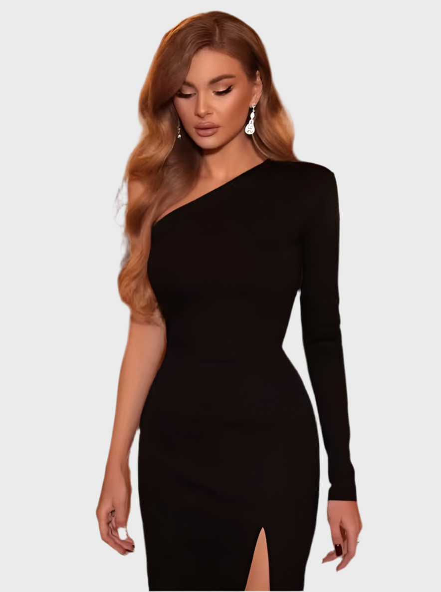 GLAMOUR EDGE ONE-SHOULDER SHEATH DRESS - MOONRAKER