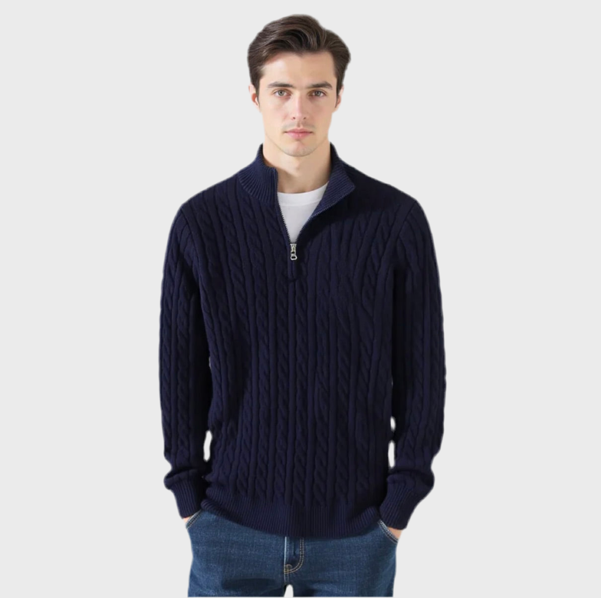 MERINO WOOL KNITTED QUARTER-ZIP SWEATER - MOONRAKER