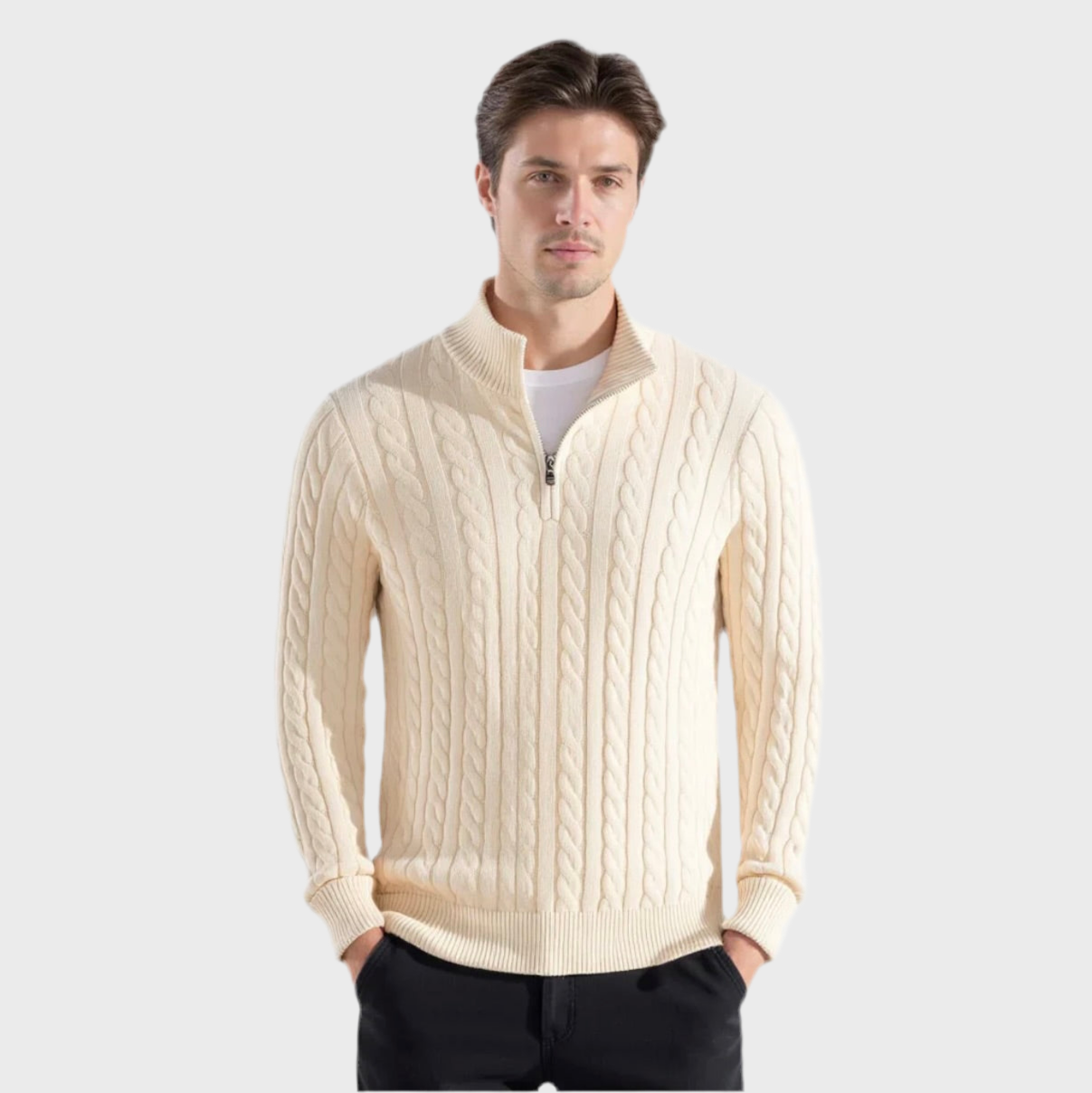 MERINO WOOL KNITTED QUARTER-ZIP SWEATER - MOONRAKER